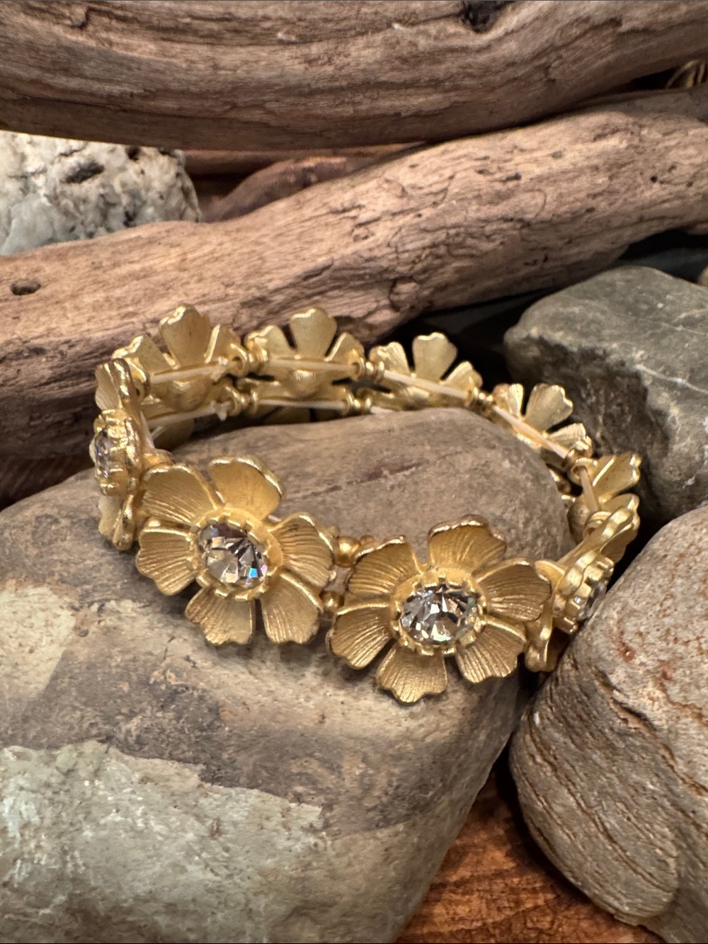 Gold Tone Vintage Inspired Floral Crystal Stretch Bracelet - Women Jewelry